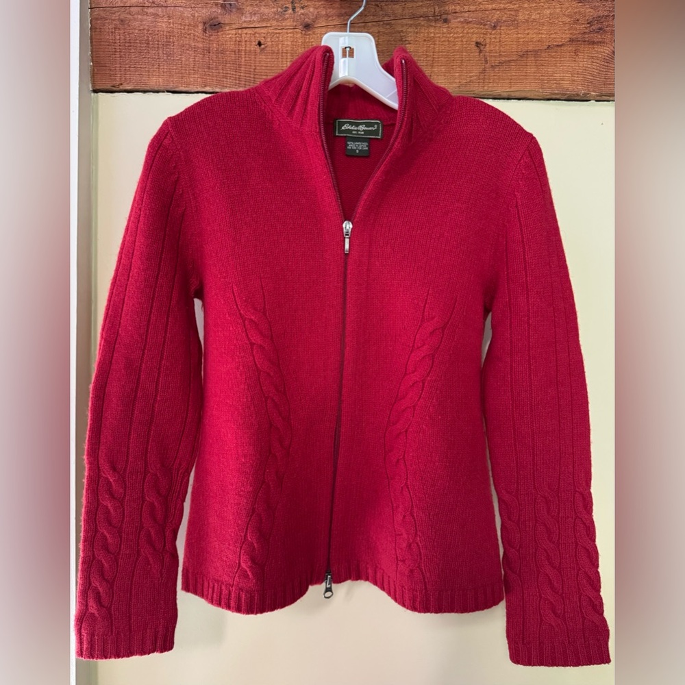 EDDIE BAUER 100% Lambswool Cable Knit High Neck Zip Sweater Cardigan- Red- Small